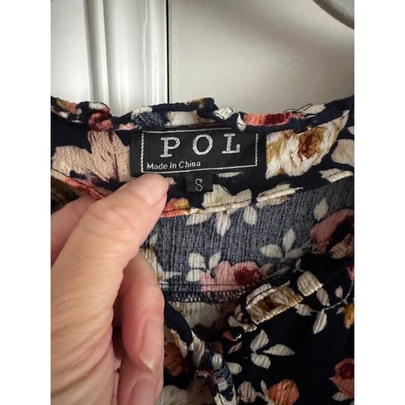 POL Floral Long Sleeve Tie-Back Ruffle Fall Dress Navy Small - Picture 7 of 7
